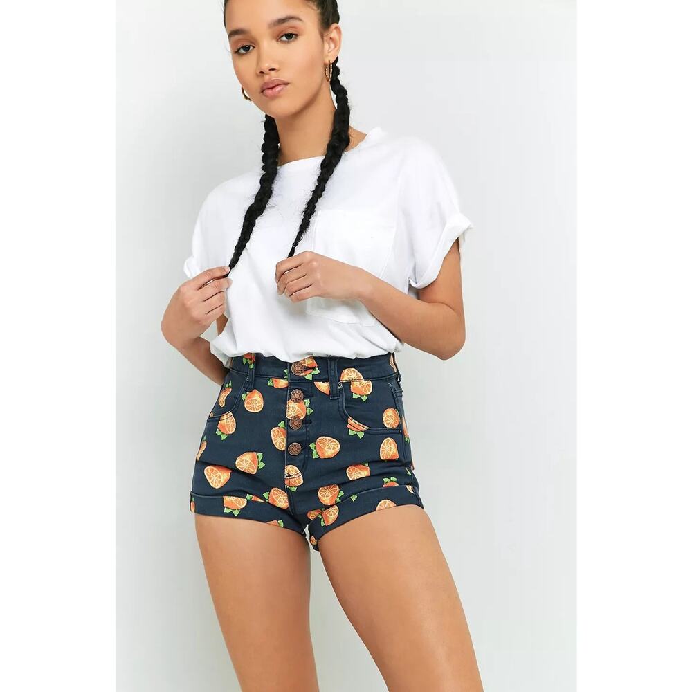 Urban outfitters Super High Rise Pin Up Button Fly Shorts Orange Print Denim 25